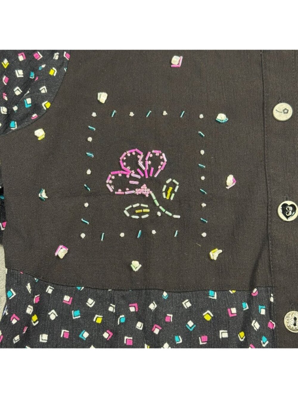 Y2K Floral Beaded Patchwork Cottagecore Button Blouse Grandma Chic Rayon Shirt - Picture 5 of 9
